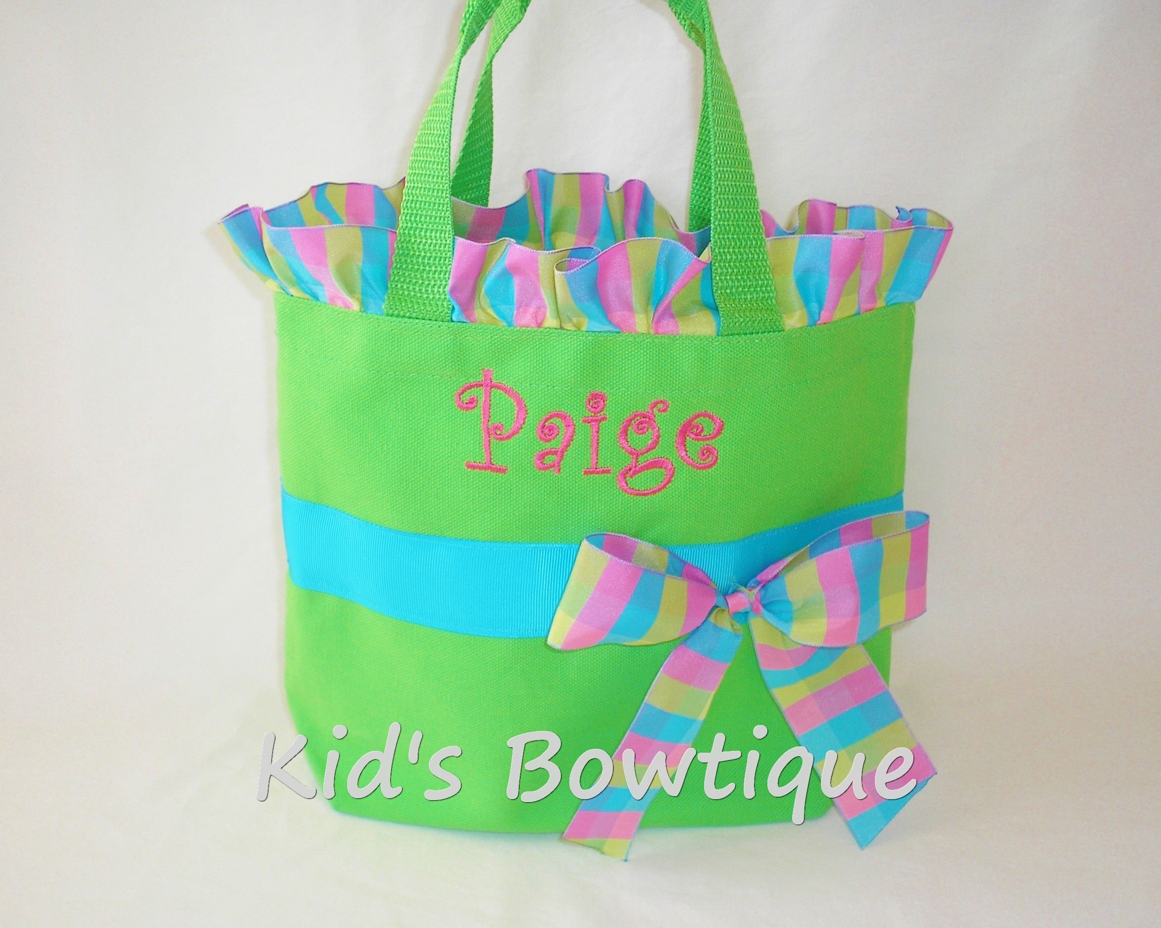 Ruffles and Bow Aqua Hot Pink and Lime Ribbon Personalized Tote Bag