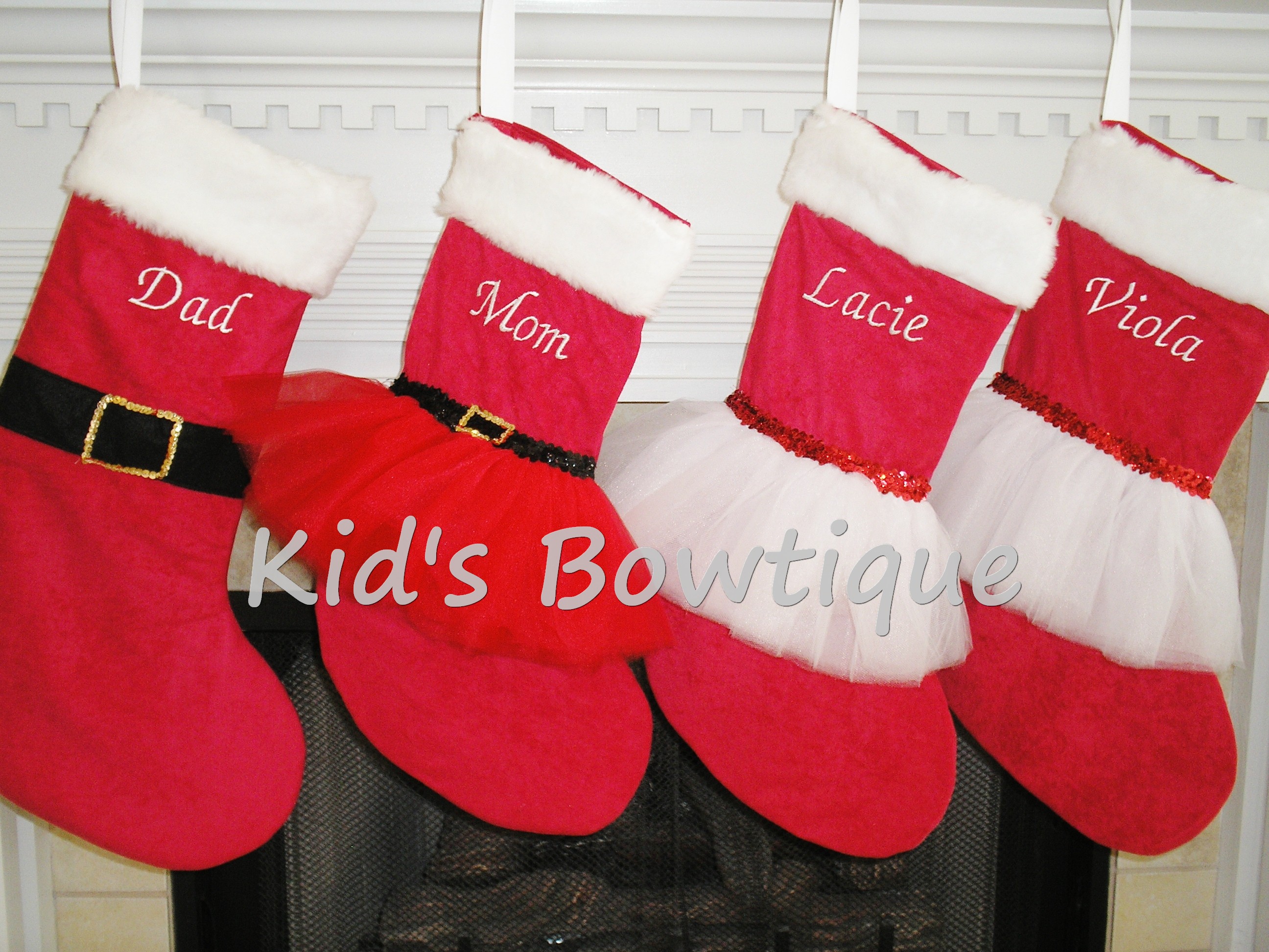 Family Set of Personalized Santa, Mrs.Claus, and Red/White Christmas Tutu Stockings