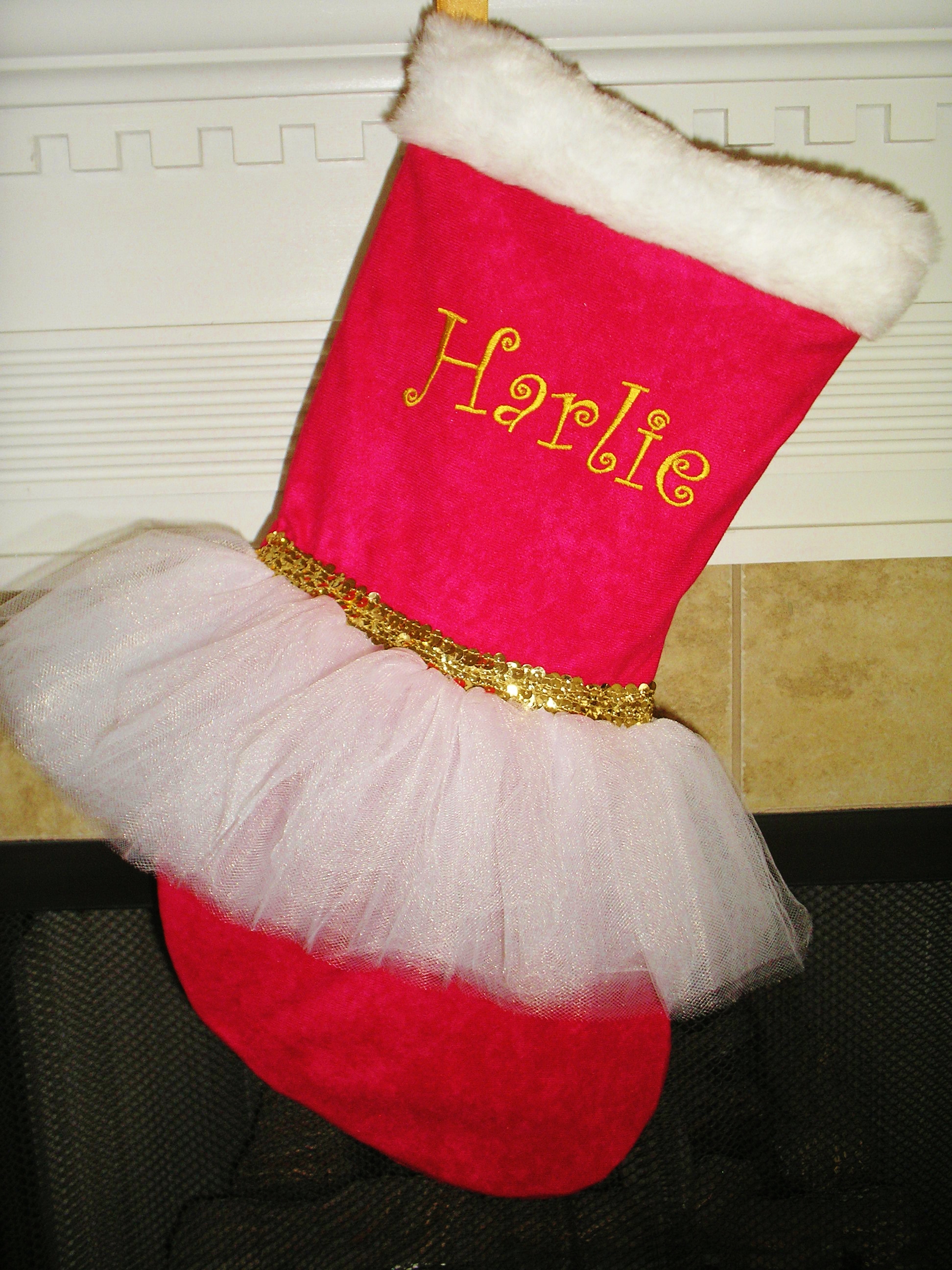 Christmas Tutu Stocking - ItemCTS8 Monogrammed Classic Red and White Tutu with Gold Sequins
