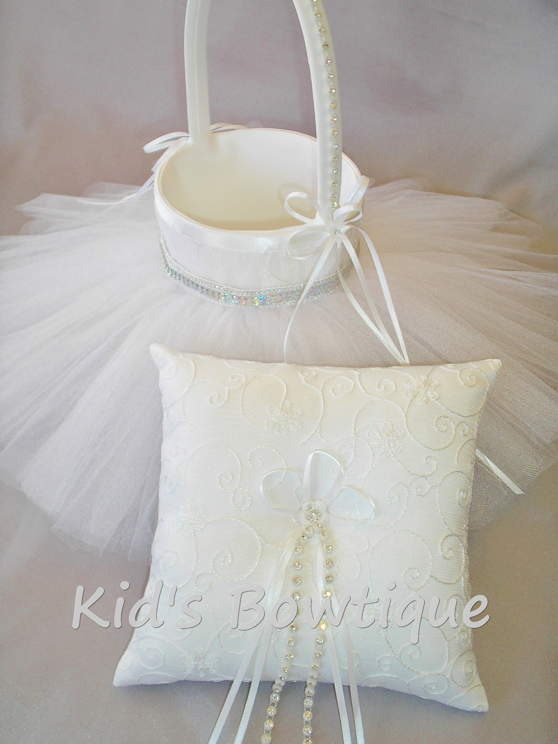 Wedding Flower Girl Tutu and Silver Trim Basket with Matching Ring Bearer Pillow Item#FBP2